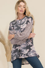 Load image into Gallery viewer, Camo Print High-Low T-Shirt with Stripe Sleeves
