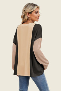 Texture Contrast Round Neck Long Sleeve Top (multiple color options)