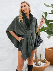 Fuzzy Trim Open Front Poncho (multiple color options)