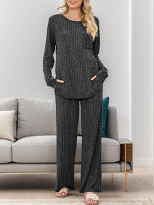 Round Neck Long Sleeve Top and Pants Lounge Set  (multiple color options)