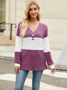 Color Block V-Neck Long Sleeve Top  (multiple color options)