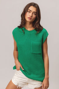 Patch Pocket Cap Sleeve Sweater Top in Jade