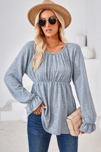 Ruched Round Neck Flounce Sleeve Blouse (multiple color options)