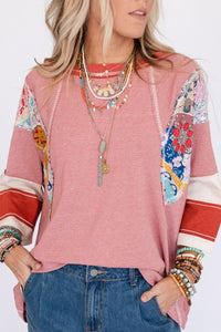 Striped Floral Patchwork Round Neck Top (multiple color options)