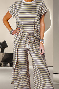 Striped Round Neck Top and Drawstring Pants Set (multiple color options)