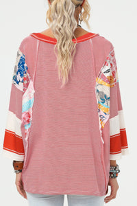 Striped Floral Patchwork Round Neck Top (multiple color options)