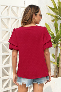 Swiss Dot V-Neck Short Sleeve Blouse  (multiple color options)