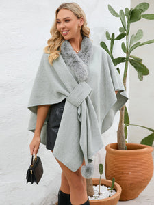 Fuzzy Trim Open Front Poncho (multiple color options)