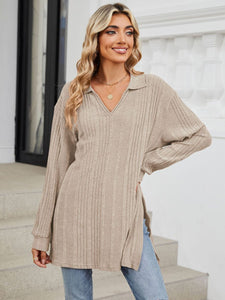 Slit Johnny Collar Long Sleeve Top (multiple color options)