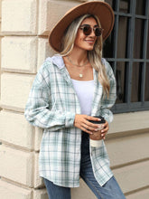 Load image into Gallery viewer, Drawstring Plaid Button Up Hooded Jacket (multiple color options)
