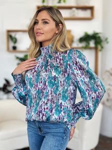 Printed Smocked Long Sleeve Blouse