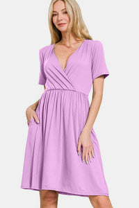 Surplice Short Sleeve Brushed DTY Dress in Pink Purple