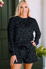 Load image into Gallery viewer, Leopard Round Neck Top and Shorts Lounge Set in Black
