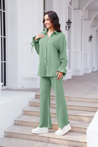 Drawstring Flounce Sleeve Shirt and Pants Set (multiple color options)