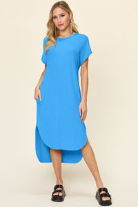 Round Neck Short Sleeve Slit Dress (2 color options)