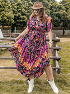 Printed V-Neck Flutter Sleeve Midi Dress