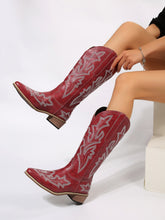 Load image into Gallery viewer, PU Leather Embroidered Geometric Point Toe Boots
