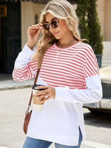 Slit Contrast Striped Long Sleeve Sweatshirt (multiple color options)