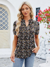 Load image into Gallery viewer, Ruched Printed Notched Short Sleeve Blouse (multiple color options)
