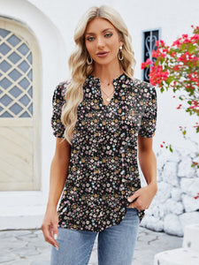 Ruched Printed Notched Short Sleeve Blouse (multiple color options)