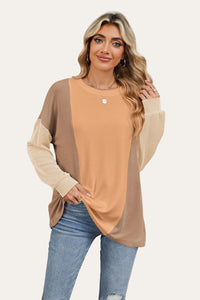 Texture Contrast Round Neck Long Sleeve Top (multiple color options)