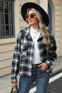 Pocketed Plaid Collared Neck Dropped Shoulder Jacket (multiple color options)