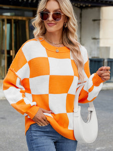 Checkered Round Neck Long Sleeve Sweater (multiple color options)