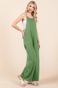 Sleeveless Wide Leg Jumpsuit with Pockets in Green