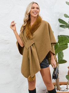 Fuzzy Trim Open Front Poncho (multiple color options)