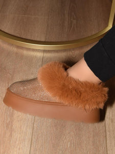 Embellished Faux Fur Platform Booties in Chestnut