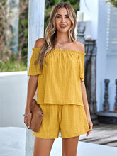 Load image into Gallery viewer, Off-Shoulder Short Sleeve Top and Tied Shorts Set (multiple color options)
