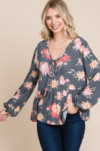 Babydoll Floral Long Sleeve Blouse in Charcoal