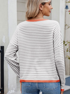 Striped Contrast Round Neck Long Sleeve Sweater (multiple color options)