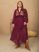 Load image into Gallery viewer, Embroidered Polka Dot Tie Neck Long Sleeve Midi Dress
