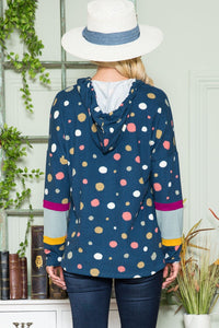 Polka Dot Drawstring Hoodie in Navy