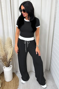 Contrast Trim Round Neck Top and Pants Set (multiple color options)