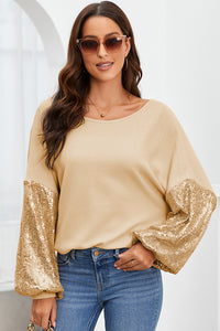 Sequin Crisscross Boat Neck Long Sleeve Blouse (2 color options)