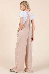 Knot Straps Wide Leg Ribbed Overalls with Pockets in Dust Storm