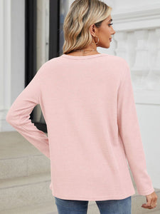 Waffle-Knit Notched Long Sleeve Top (multiple color options)