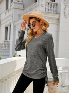 Drawstring V-Neck Long Sleeve Top (multiple color options)