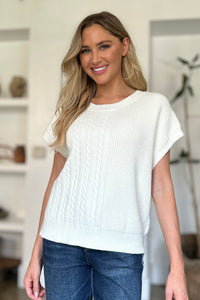 Cable-Knit Round Neck Short Sleeve Sweater (multiple color options)