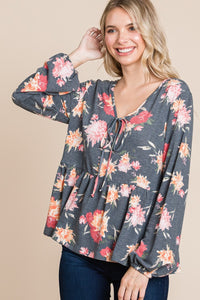 Babydoll Floral Long Sleeve Blouse in Charcoal