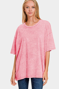 Washed Round Neck Drop Shoulder Oversized T-Shirt in Pink