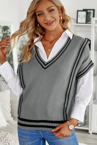 Striped Trim V-Neck Sweater Vest (multiple color options)