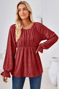 Ruched Round Neck Flounce Sleeve Blouse (multiple color options)