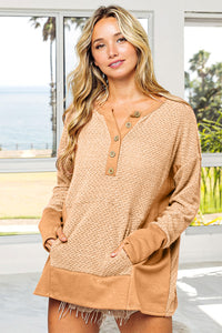 Long Sleeve Top with Kangaroo Pocket in Taupe