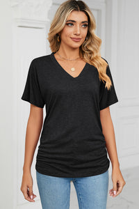 Ruched V-Neck Short Sleeve T-Shirt (multiple color options)