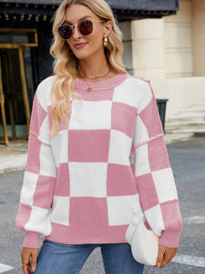 Checkered Round Neck Long Sleeve Sweater (multiple color options)