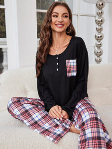 Round Neck Long Sleeve Top and Plaid Pants Pajama Set