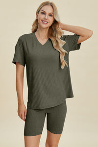 Ribbed V-Neck Short Sleeve Top and Shorts Set (multiple color options)